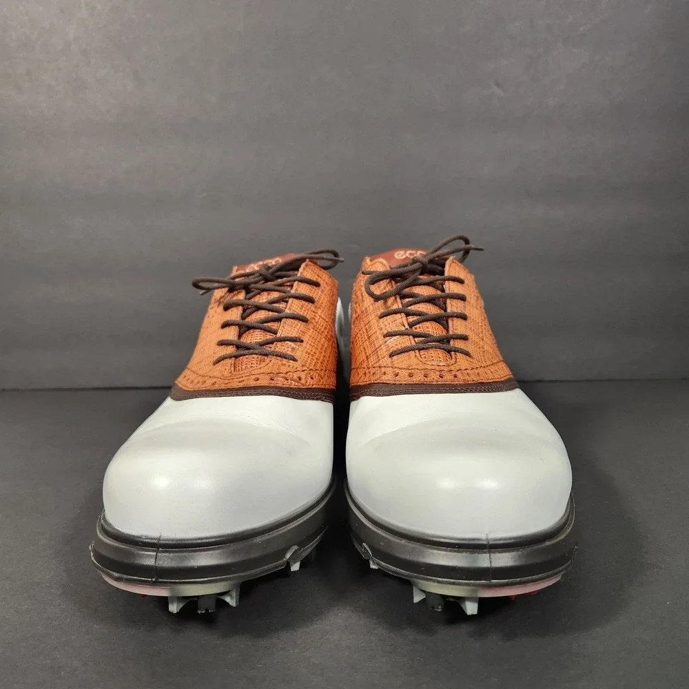 ECCO Golf Shoes Mens 11-11.5 White Brown Gore-Tex Leather Spiked Cleats Wingtip